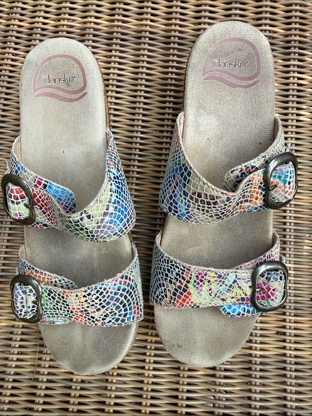 Dansko Multicolor Snakeskin-Pattern Slide Sandals, size 37, 6. 1/2  -7